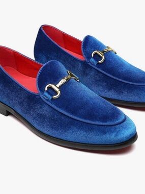 Blue Velvet Slip-On Loafers with Gold Horsebit